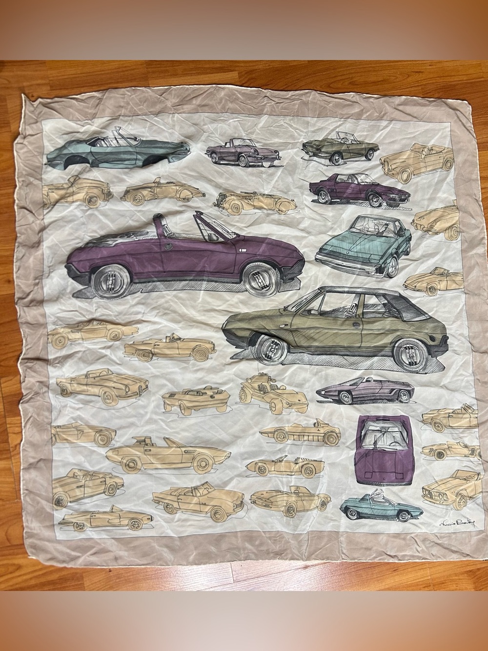 Nuccio Bertone silk scarf with vintage car print 32 x 32 inches automotive